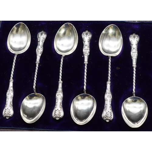 350 - A set of 6 Birmingham silver teaspoons with twist stems with embossed handles, in fitted black leath... 