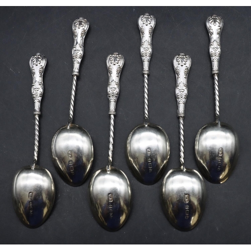 350 - A set of 6 Birmingham silver teaspoons with twist stems with embossed handles, in fitted black leath... 