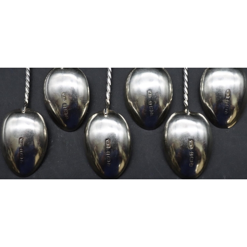 350 - A set of 6 Birmingham silver teaspoons with twist stems with embossed handles, in fitted black leath... 