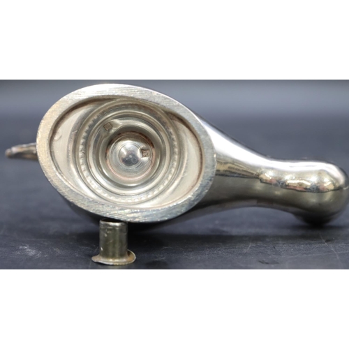 358 - A Continental silver coloured metal small oil lamp with cover, 10.5cm long, 2.3oz