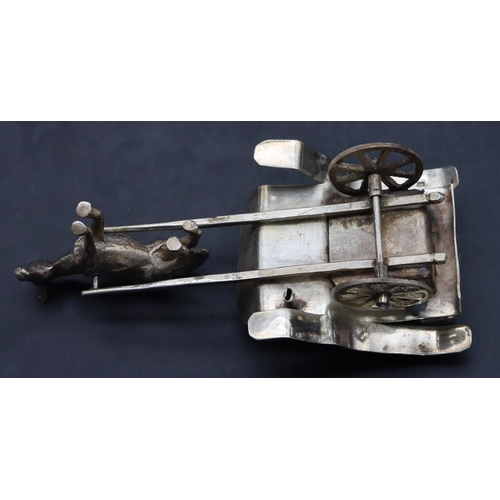 360 - A Continental silver coloured metal horse drawn cart with whip, 13cm long, 3.5oz