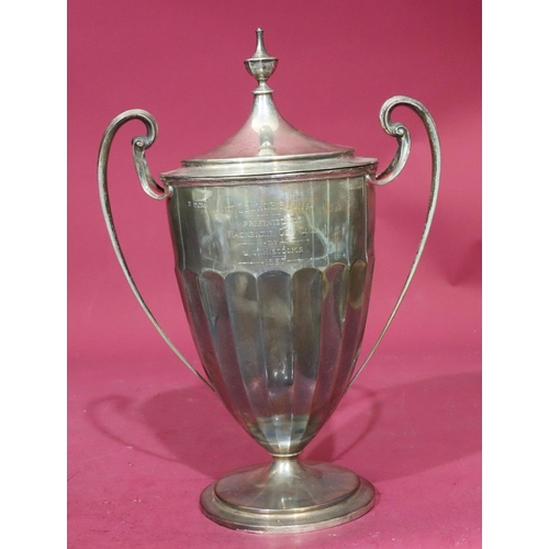 361 - An Edward VIII large silver 2-handled lidded trophy with engraved inscription on round sweeping base... 