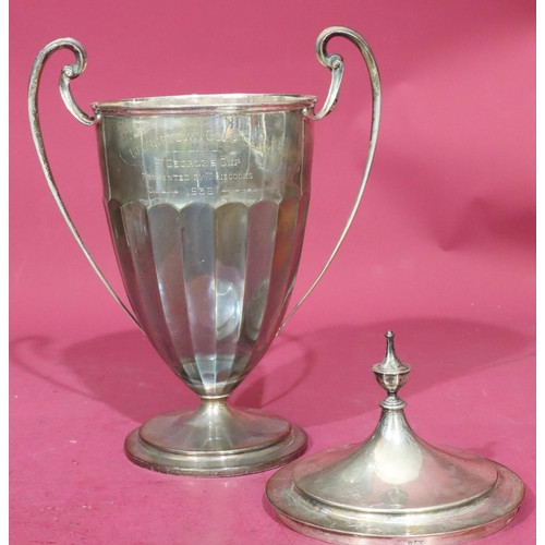 361 - An Edward VIII large silver 2-handled lidded trophy with engraved inscription on round sweeping base... 