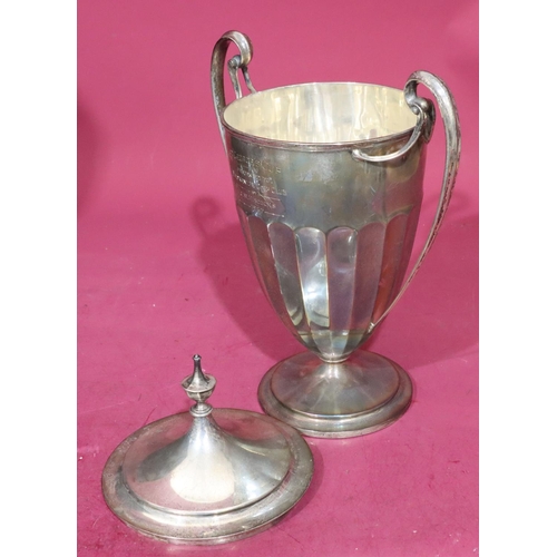 361 - An Edward VIII large silver 2-handled lidded trophy with engraved inscription on round sweeping base... 