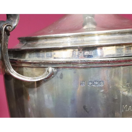 361 - An Edward VIII large silver 2-handled lidded trophy with engraved inscription on round sweeping base... 