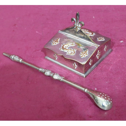 362 - A silver plated rectangular shaped stamp box with double hinged top and centre carrying handle, a si... 