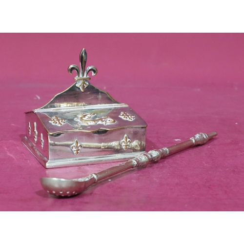 362 - A silver plated rectangular shaped stamp box with double hinged top and centre carrying handle, a si... 