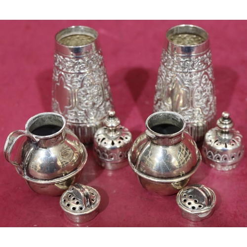 364 - A pair of Birmingham silver small condiments in the form of Jersey milk cans, a pair of Victorian si... 