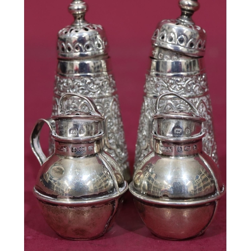 364 - A pair of Birmingham silver small condiments in the form of Jersey milk cans, a pair of Victorian si... 