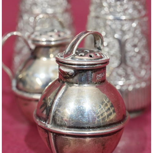 364 - A pair of Birmingham silver small condiments in the form of Jersey milk cans, a pair of Victorian si... 