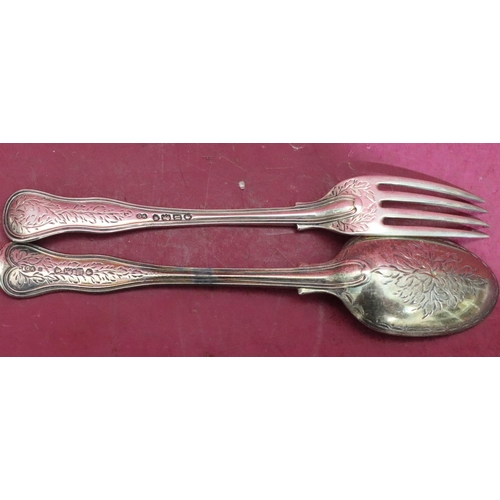 365 - A Victorian silver child's fork and spoon with allover chased floral and leaf decoration, maker's ma... 