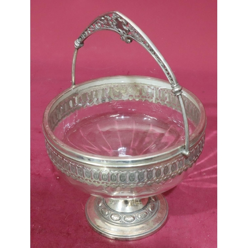 376 - W M F silver plated and glass round bulbous shaped fruit bowl with swing overhead handle on round sw... 