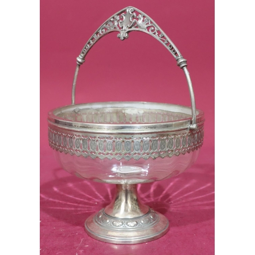 376 - W M F silver plated and glass round bulbous shaped fruit bowl with swing overhead handle on round sw... 