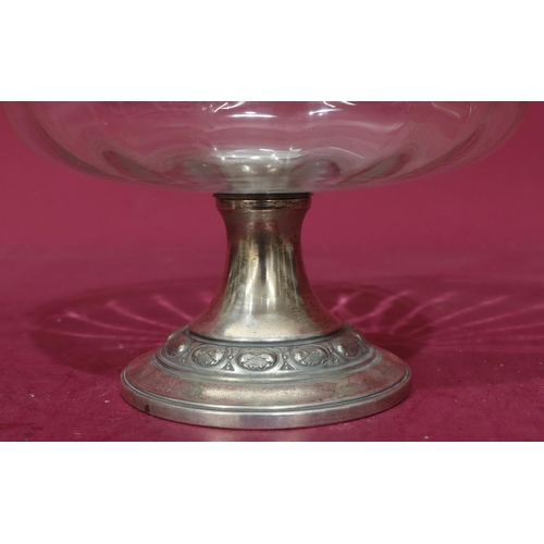 376 - W M F silver plated and glass round bulbous shaped fruit bowl with swing overhead handle on round sw... 