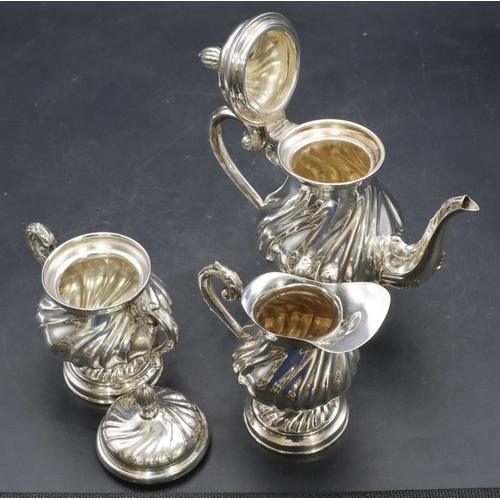 383 - A Continental 800 silver coloured metal 3-piece round bulbous shaped small tea service, comprising o... 