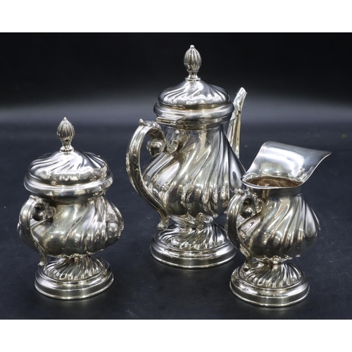 383 - A Continental 800 silver coloured metal 3-piece round bulbous shaped small tea service, comprising o... 