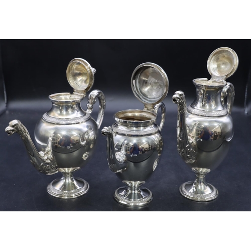 385 - A set of 3 Continental 800 silver coloured metal round bulbous shaped teapot, coffee pot and hot wat... 