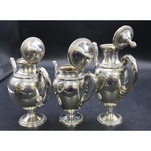 385 - A set of 3 Continental 800 silver coloured metal round bulbous shaped teapot, coffee pot and hot wat... 