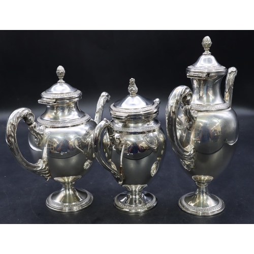 385 - A set of 3 Continental 800 silver coloured metal round bulbous shaped teapot, coffee pot and hot wat... 