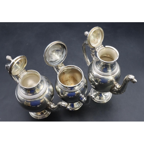 385 - A set of 3 Continental 800 silver coloured metal round bulbous shaped teapot, coffee pot and hot wat... 