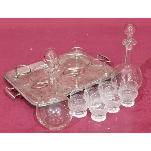 393 - A silver plated rectangular 2-handled tray mounted with 2 clear glass liqueur bottles (with stoppers... 