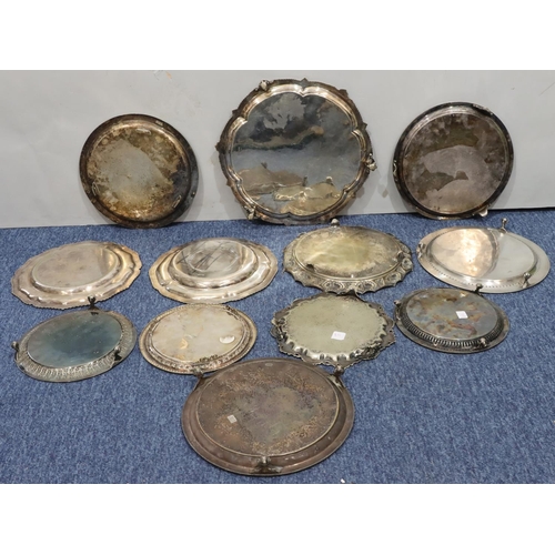 399 - 12 various silver plated salvers and card trays, largest 34cm wide (12)