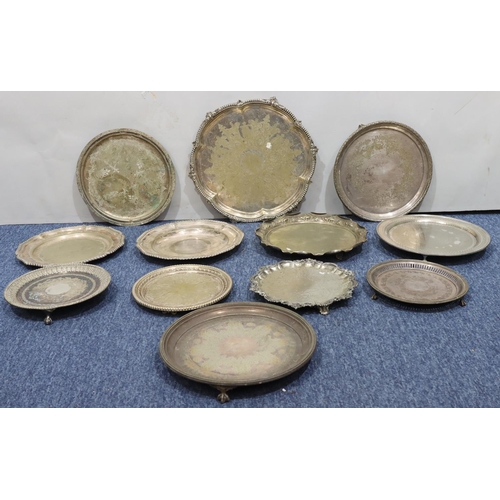 399 - 12 various silver plated salvers and card trays, largest 34cm wide (12)