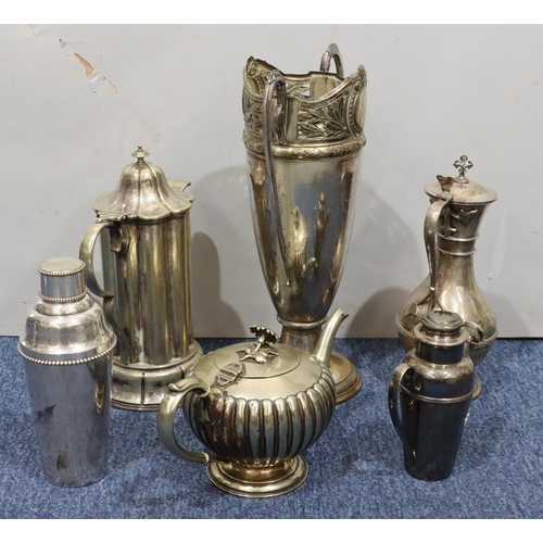 403 - A silver plated large bulbous fluted coffee pot, 30cm high, a silver plated round bulbous shaped cla... 