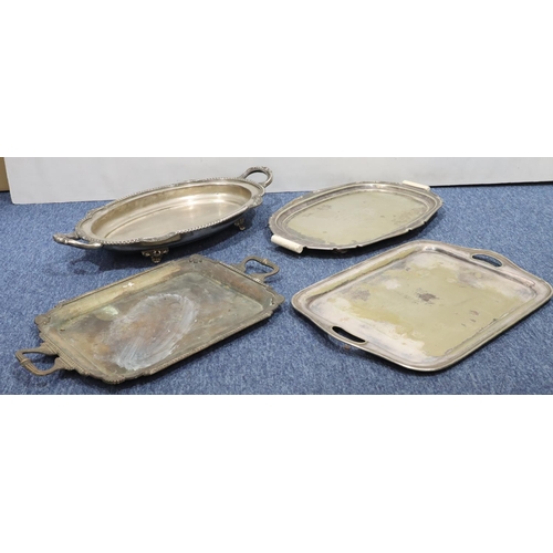 407 - A silver plated oval scallop shaped 2-handled tray with gadroon rim, 82cm wide, 3 rectangular shaped... 