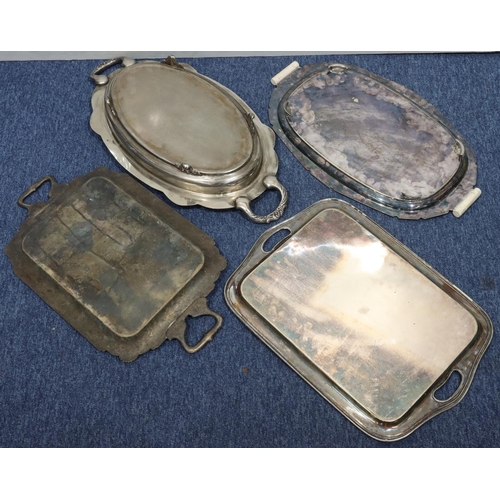 407 - A silver plated oval scallop shaped 2-handled tray with gadroon rim, 82cm wide, 3 rectangular shaped... 