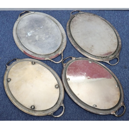 408 - A pair of oval 2-handled silver plated trays with embossed reeded rims, 60.5cm wide, 2 similar large... 