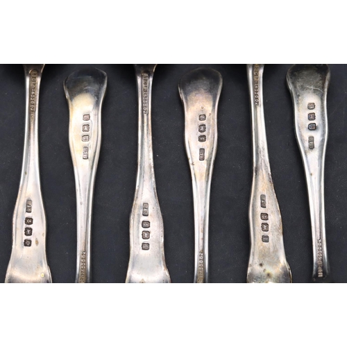 410 - A set of 6 Birmingham silver teaspoons, maker's mark O&S, in fitted black leather scallop shaped cas... 