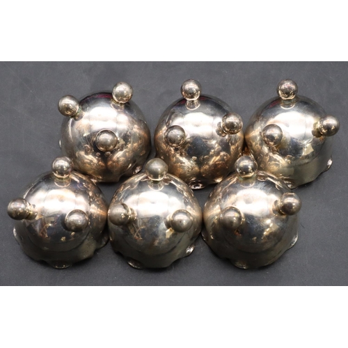 412 - A set of 6 Victorian silver round bulbous shaped salts with crinkled rims on ball feet, London 1888,... 