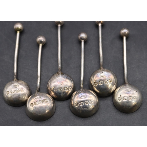 412 - A set of 6 Victorian silver round bulbous shaped salts with crinkled rims on ball feet, London 1888,... 