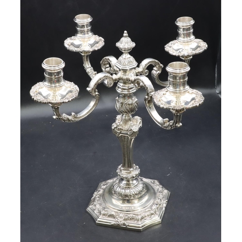 417 - C J Vander, Elizabeth II heavy hollow cast silver 2-piece 4-branch candelabra with allover raised sh... 