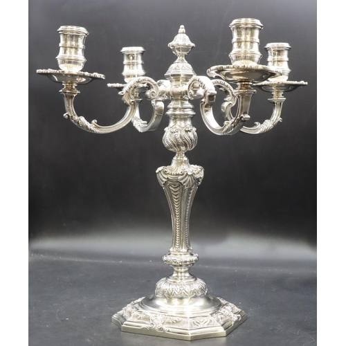 417 - C J Vander, Elizabeth II heavy hollow cast silver 2-piece 4-branch candelabra with allover raised sh... 