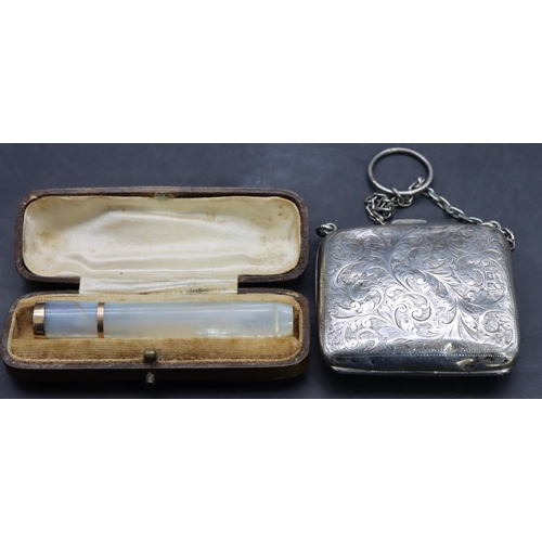 418 - A Birmingham silver small ladies purse with etched leaf and scroll decoration, hinged front and blue... 