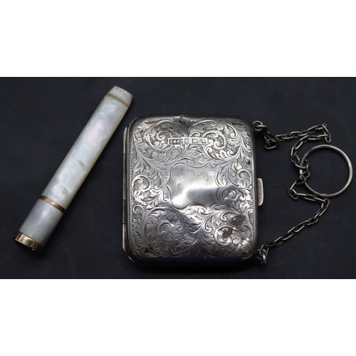 418 - A Birmingham silver small ladies purse with etched leaf and scroll decoration, hinged front and blue... 