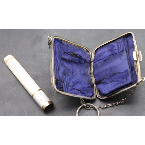 418 - A Birmingham silver small ladies purse with etched leaf and scroll decoration, hinged front and blue... 