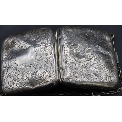 418 - A Birmingham silver small ladies purse with etched leaf and scroll decoration, hinged front and blue... 