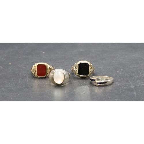 452 - An 835 silver gilt signet ring set with red stone, a similar 800 silver gilt signet set with black s... 