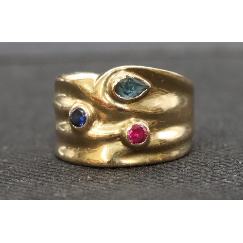 463 - A 9ct gold wide band ladies' ring set with red, blue and turquoise stones, 5.7 grams gross size O/P