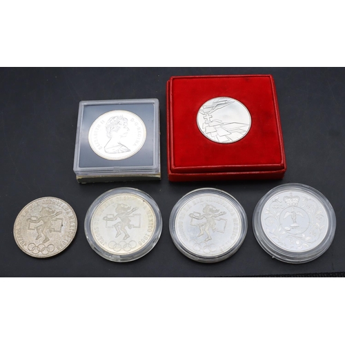 474 - 2 silver proof Mexico Olympic coins, a similar coin, a Canadian proof Dollar, Exposition Nationale S... 