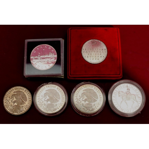 474 - 2 silver proof Mexico Olympic coins, a similar coin, a Canadian proof Dollar, Exposition Nationale S... 