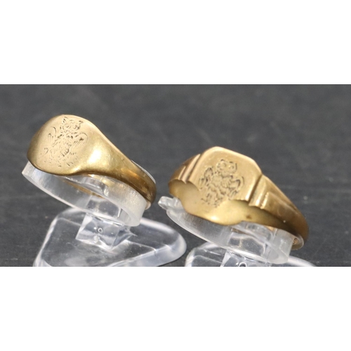 486 - A 9ct gold gentlemen's signet ring, Size N/O and a similar 9ct gold signet ring, Size J/K, 3.4 grams... 