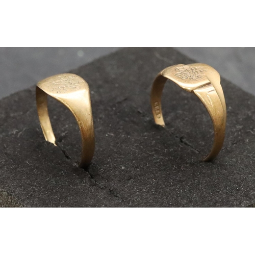 486 - A 9ct gold gentlemen's signet ring, Size N/O and a similar 9ct gold signet ring, Size J/K, 3.4 grams... 