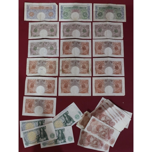 495 - A blue One Pound note, 2 x green One Pound notes, 4 x other One Pound notes, 3 x purple Ten Shilling... 