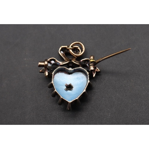 506 - A 19th Century gold and silver small heart shaped brooch with pale blue enamel and allover rough cut... 