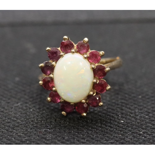 529 - A 9ct gold ladies' oval cluster ring set with centre opal surround by red stones, Size M, 3.5 grams