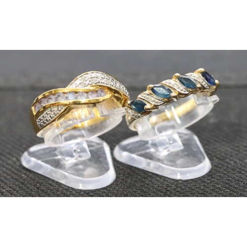 543 - A ladies' ring set with 4 sapphires interspersed by small diamond chips, Size N/O, another ladies' t... 